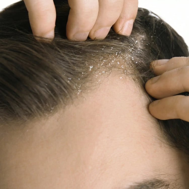 Image of mans dry scalp with flakes in his hair.