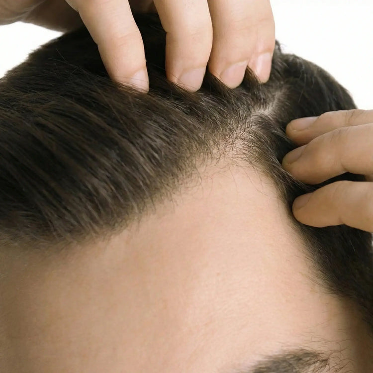 man showing his healthy hair and restored scalp after using Happy Lad's natural anti itch shampoo for men.