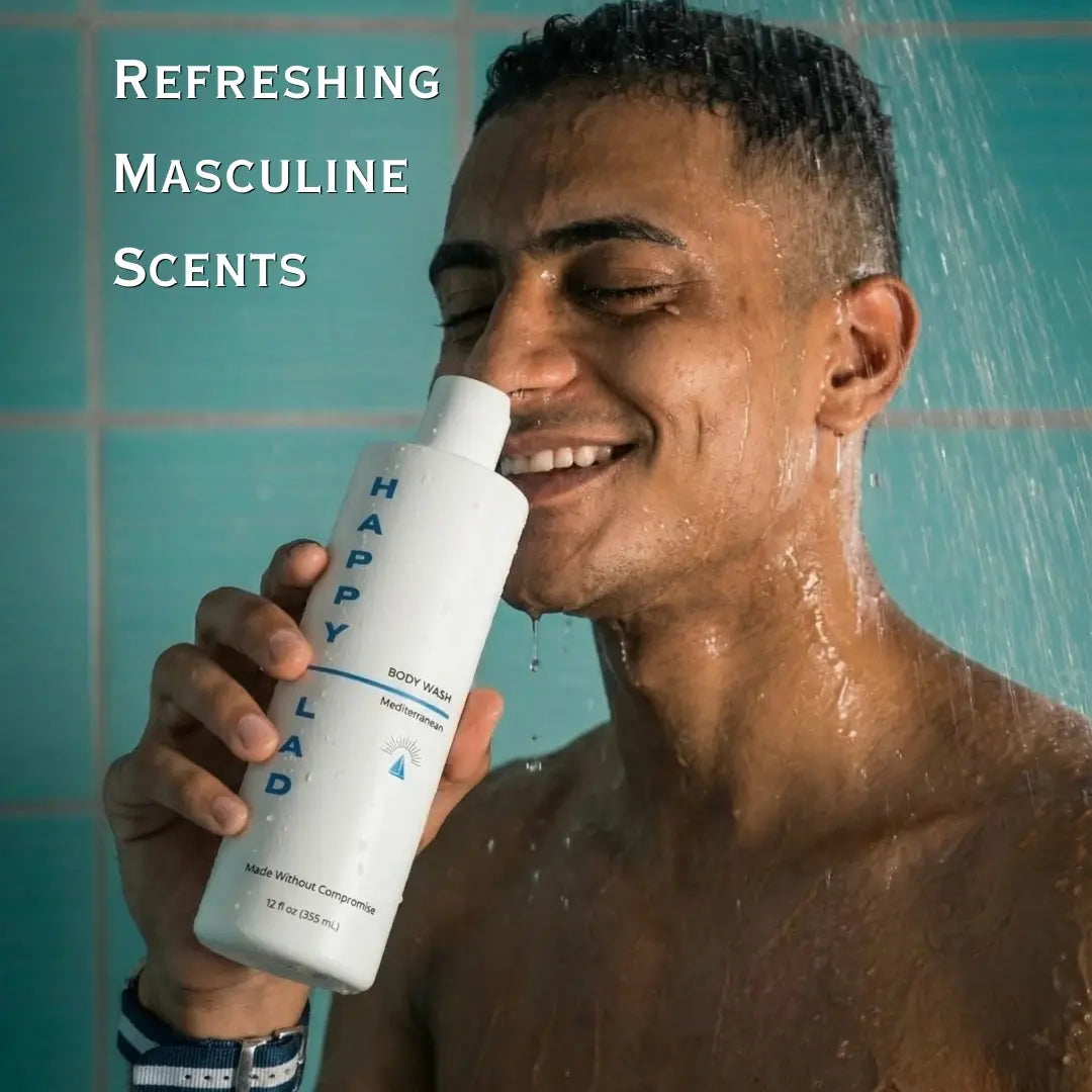 Man under a shower holding a organic body wash bottle labeled 'Happy Lad' with text 'Refreshing Masculine Scents'.