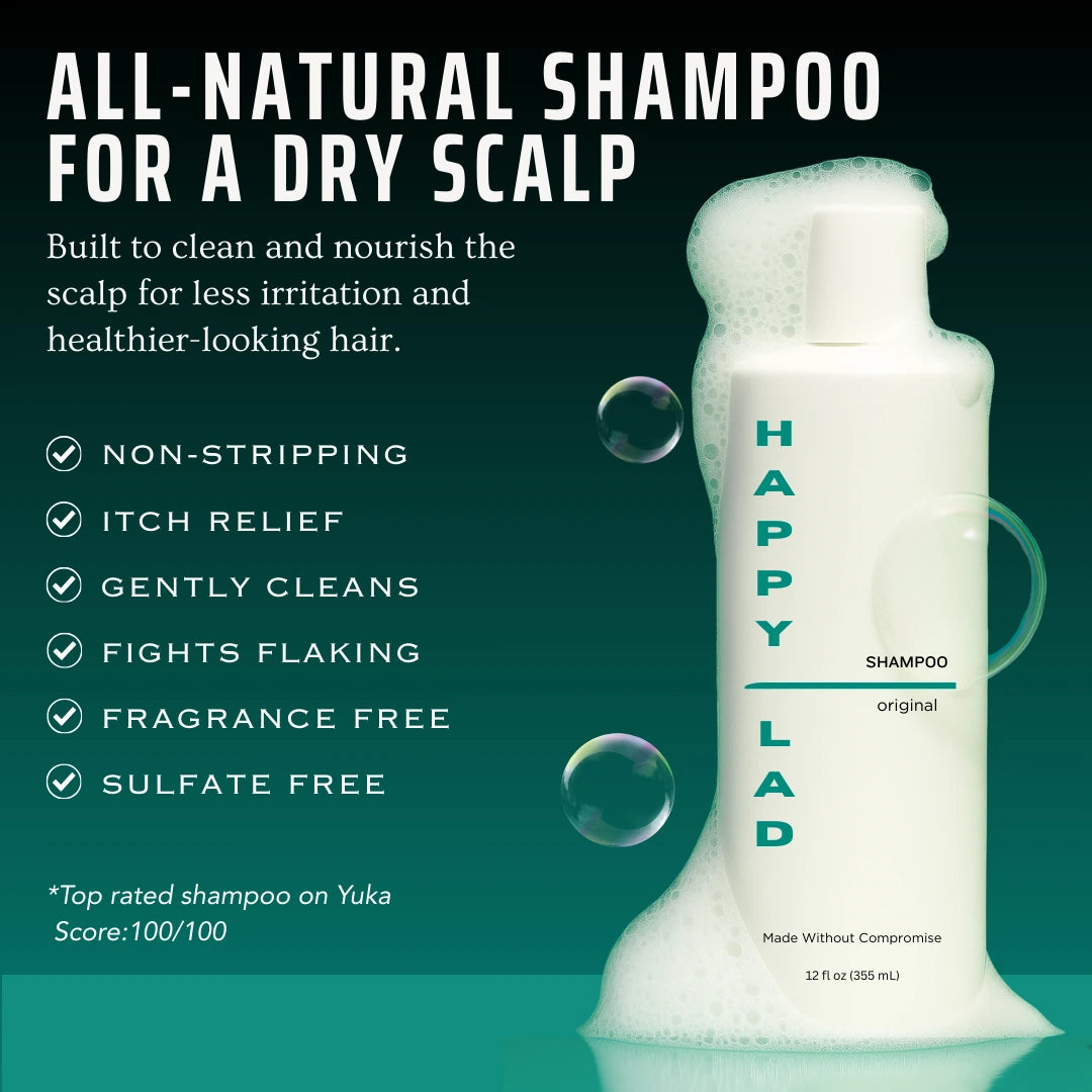 Natural shampoo for dry scalp by Happy Lad bottle with product features on a green background with soap bubbles