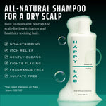 Natural shampoo for dry scalp by Happy Lad bottle with product features on a green background with soap bubbles