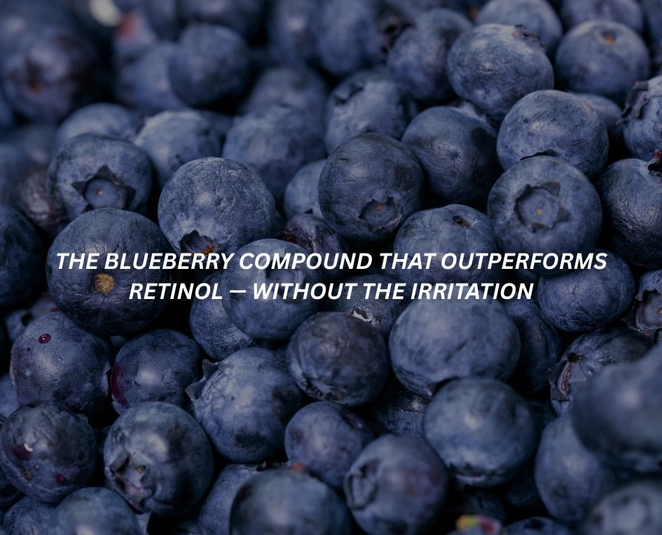 Close-up of blueberries with text overlay about a blueberry compound outperforming retinol.