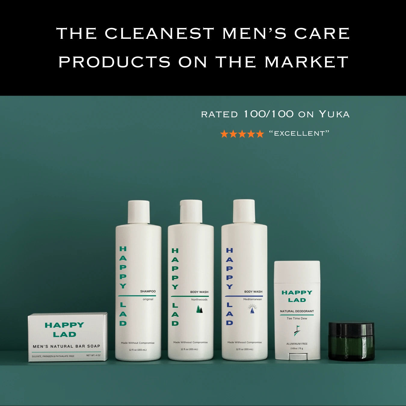 The cleanest Men's Care Products. Happy Lad natural products lined up on teal ledge and wall.