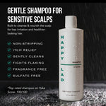A bottle of Happy Lad's Gentle Natural Shampoo for sensitive scalps, shown on a dark, rain-splash background with product benefit text on the left.
