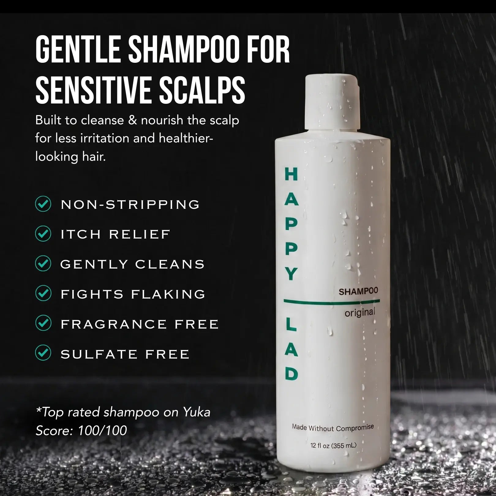 A bottle of Happy Lad's Gentle Natural Shampoo for sensitive scalps, shown on a dark, rain-splash background with product benefit text on the left.