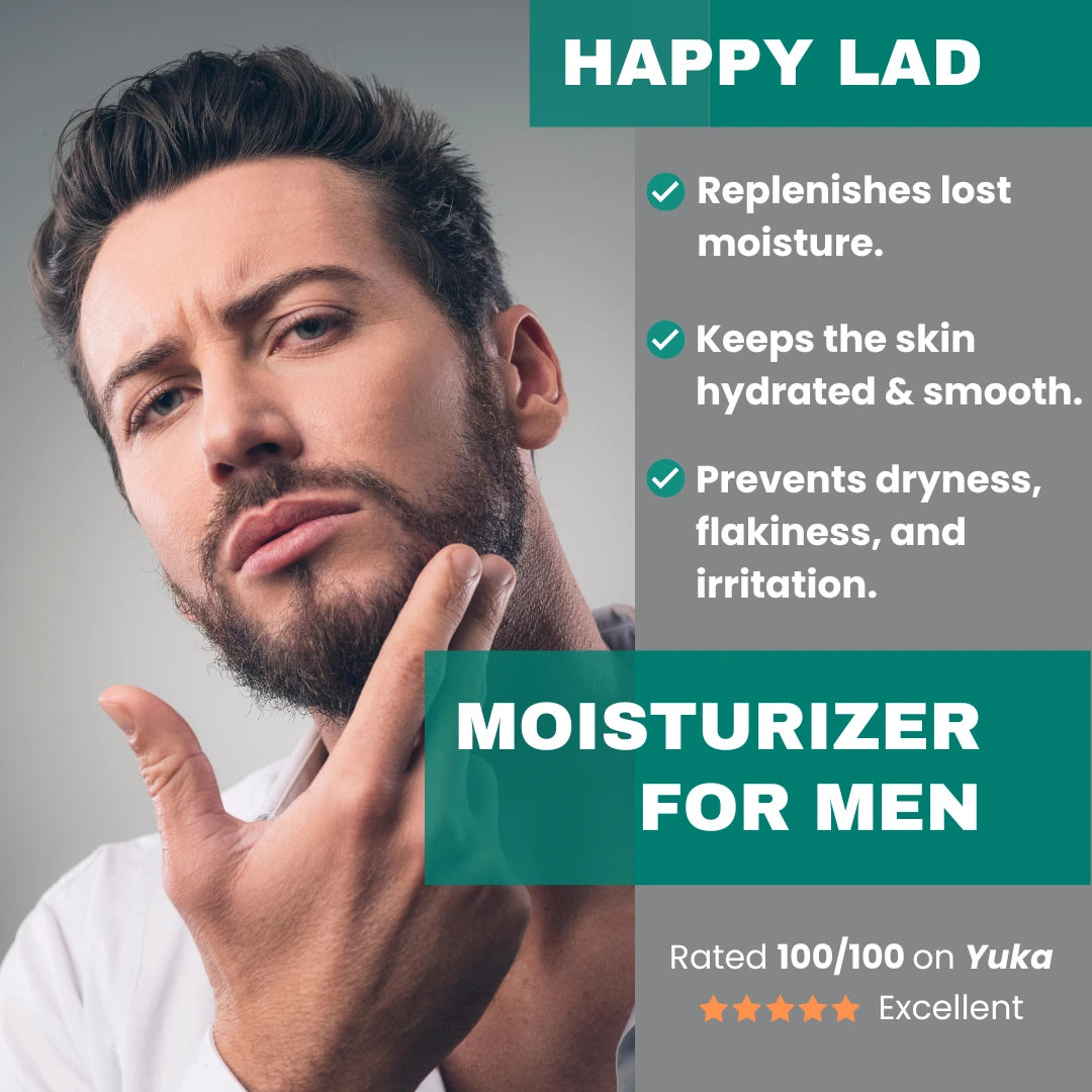 Informational post for a natural face moisturizer for men with a man touching his face, featuring the brand 'Happy Lad'.