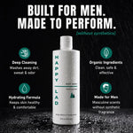 Organic body wash bottle (Built for men) with features highlighted on a black rainy background