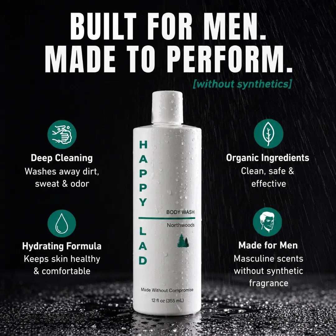 Organic body wash bottle (Built for men) with features highlighted on a black rainy background