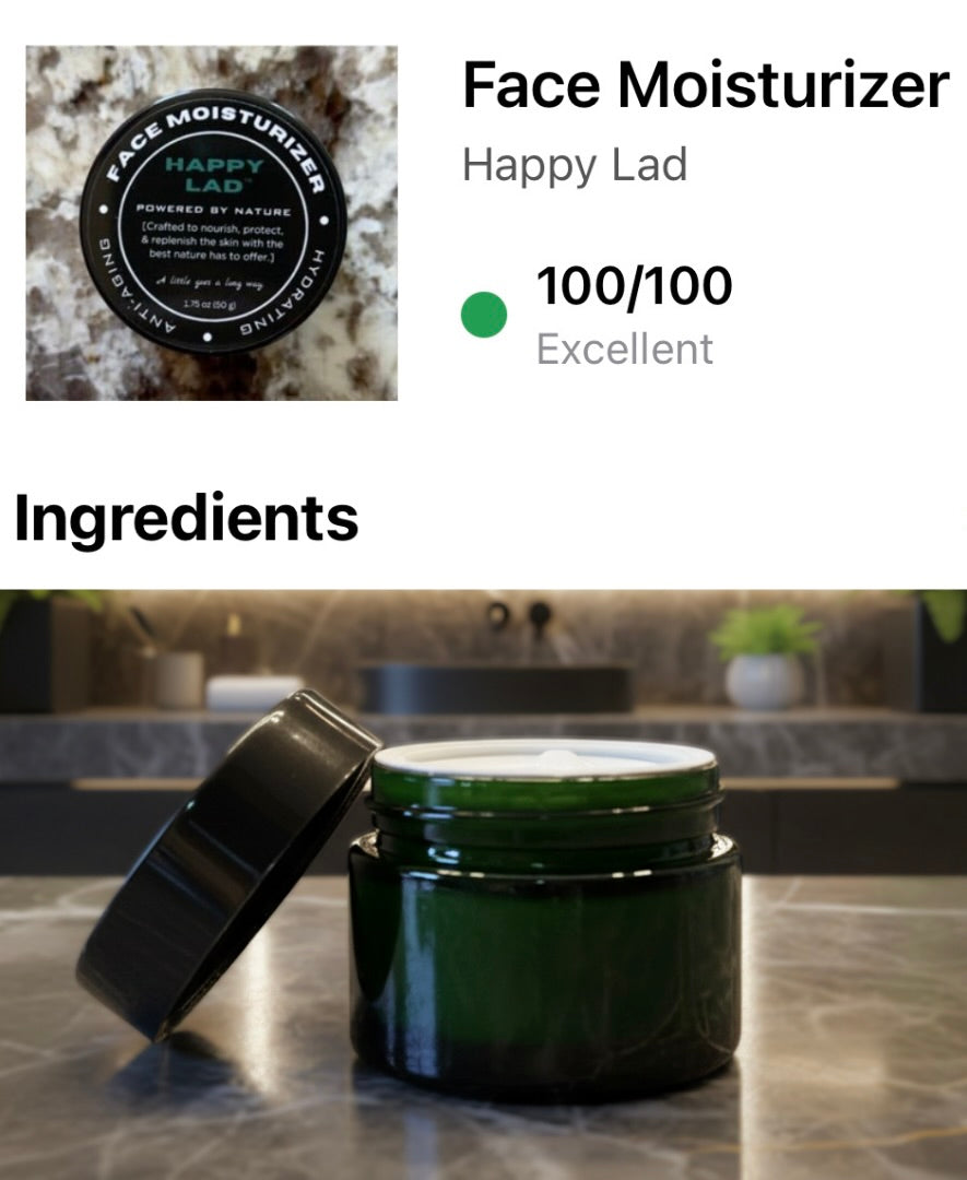Natural Face Moisturizer for men by Happy Lad rating 100/100 "Excellent" on the app Yuka