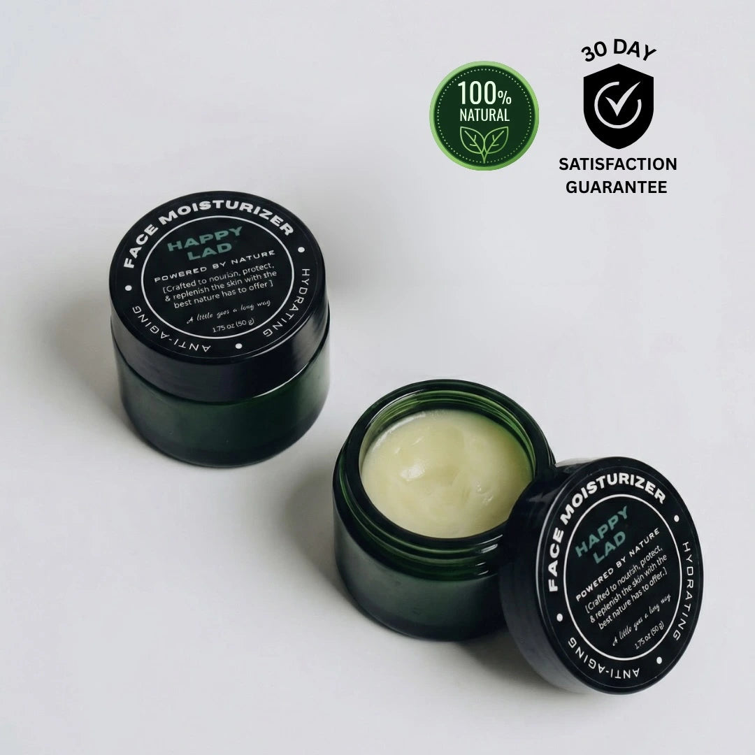 Green face moisturizer with Pterostilibene jar with open lid showing cream, on a white background with.