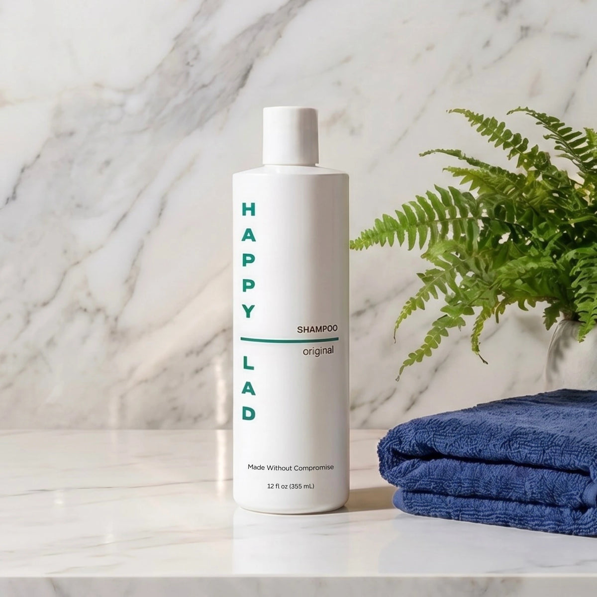 Natural Shampoo for Dry scalps bottle by Happy Lad on a marble surface with a blue towel and plant.