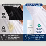 A comparison graphic for Happy Lad natural deodorant. The left side shows underarm stains (white and yellow) from other deodorant brands, while the right side shows a clean underarm showing Happy Lad's deodorant is streak-free and stain-free.