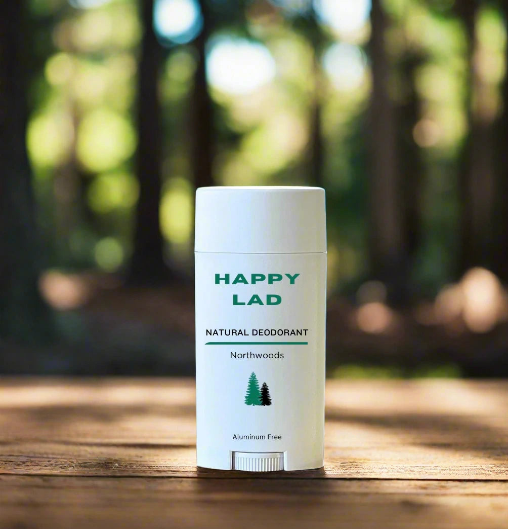 Northwoods scented natural deodorant for men from Happy Lad, aluminum free, baking soda free, and non irritating.