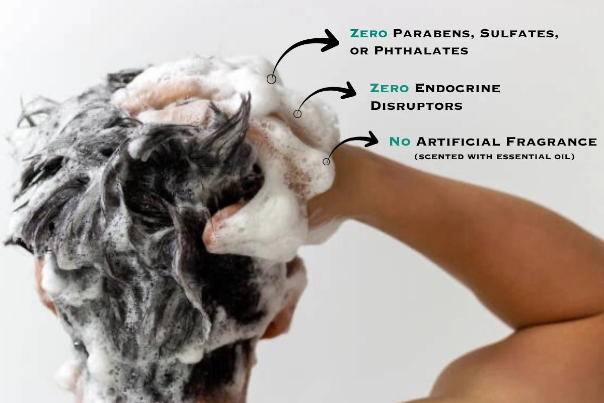 Man washing hair with soapy hands, highlighting the benefits of Happy Lad's natural shampoo for men. Using only natural non toxic ingredients.