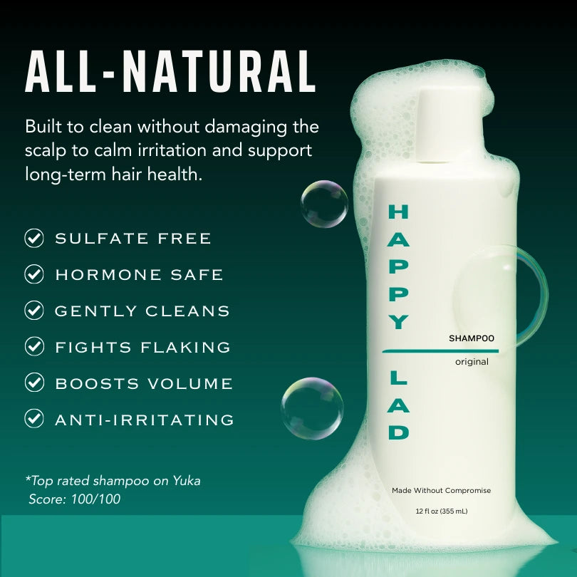 Happy Lad anti irritating shampoo bottle with product features on a green background