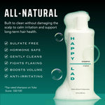 Happy Lad anti irritating shampoo bottle with product features on a green background